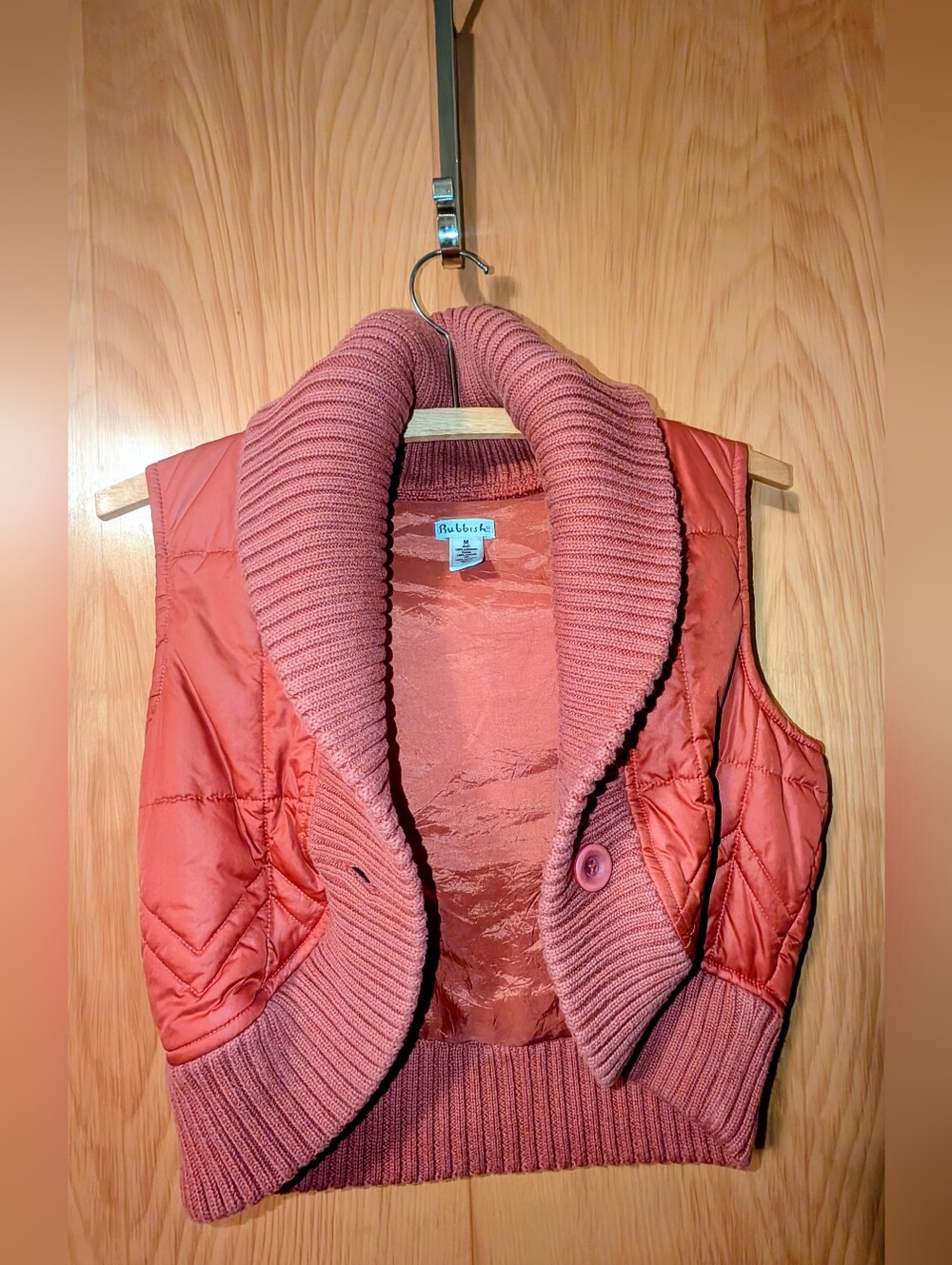 Rubbish Coral Quilted Vest with Ribbed Shawl Collar